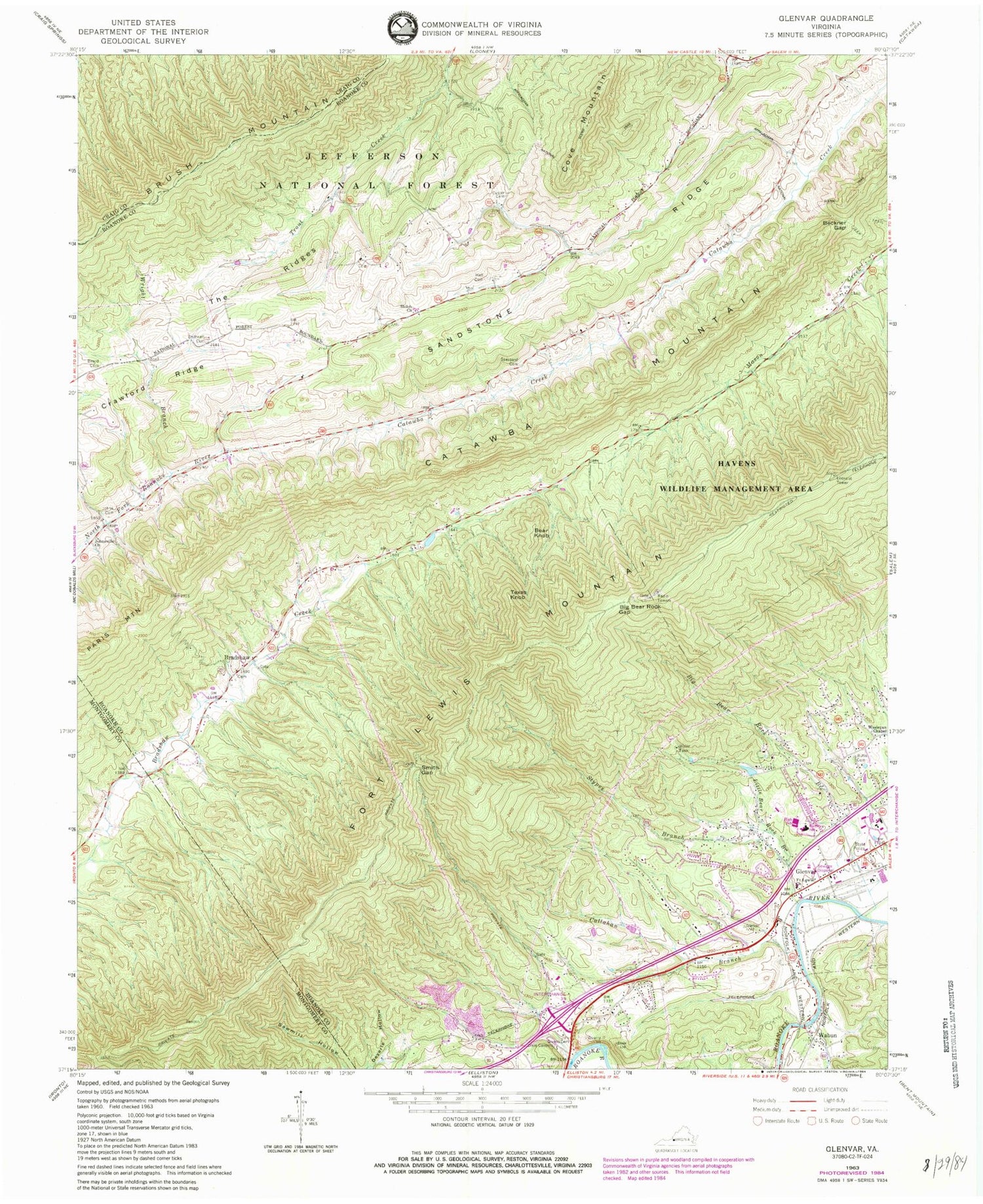 Classic USGS Glenvar Virginia 7.5'x7.5' Topo Map Image