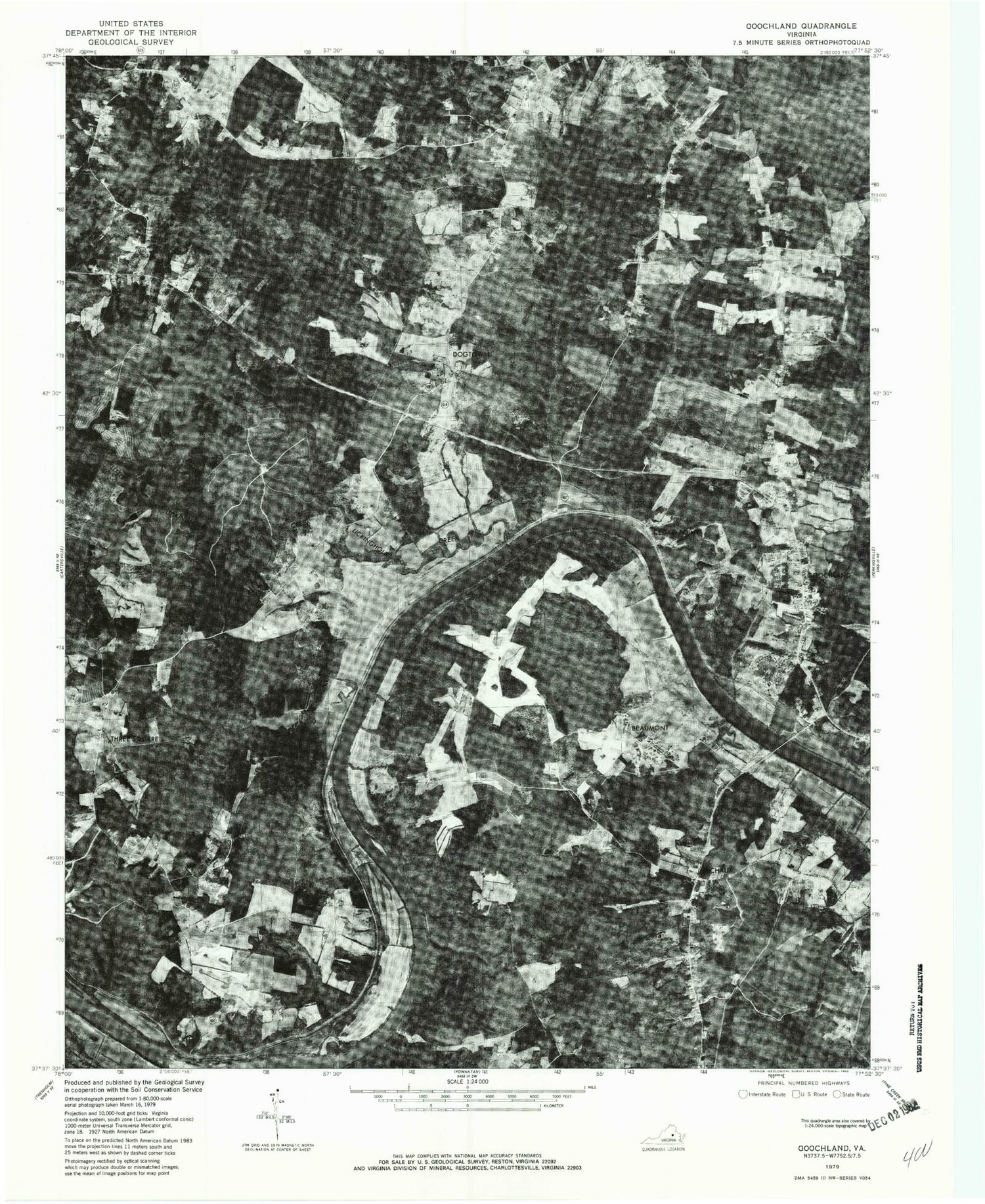Classic USGS Goochland Virginia 7.5'x7.5' Topo Map Image