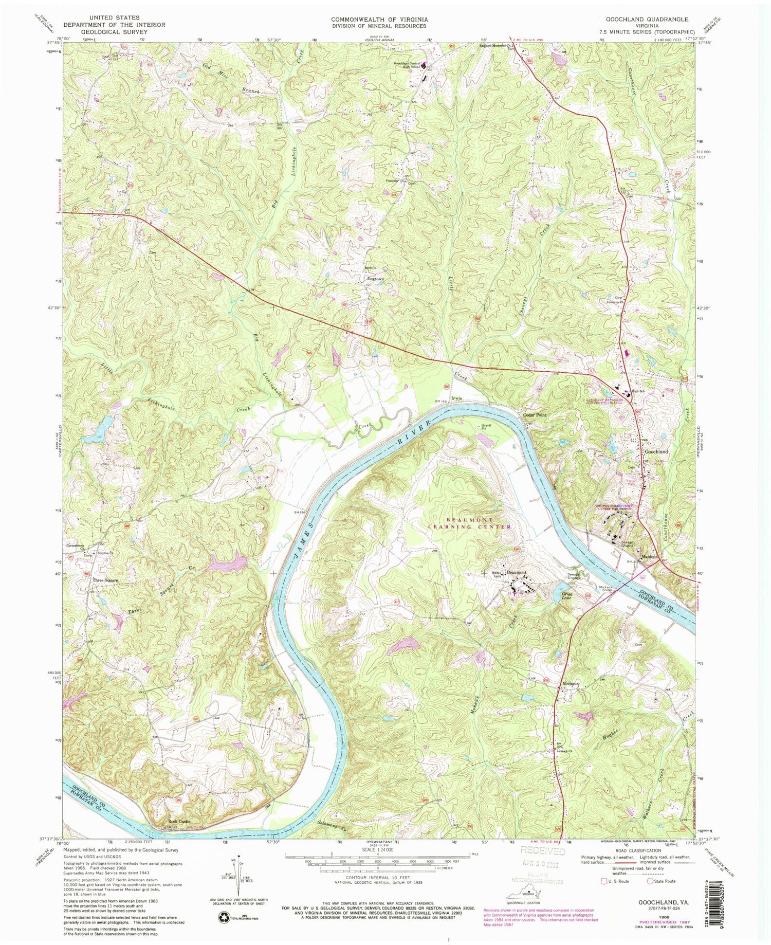 Classic USGS Goochland Virginia 7.5'x7.5' Topo Map Image