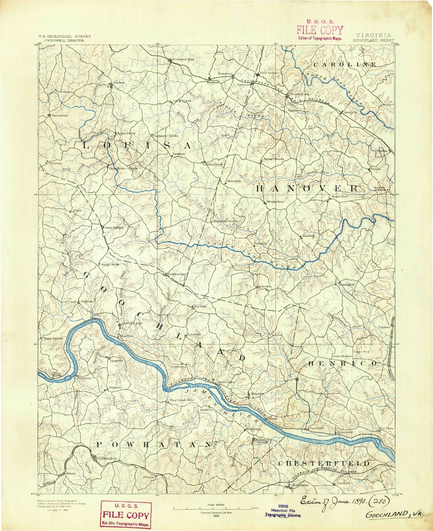 Historic 1890 Goochland Virginia 30'x30' Topo Map Image