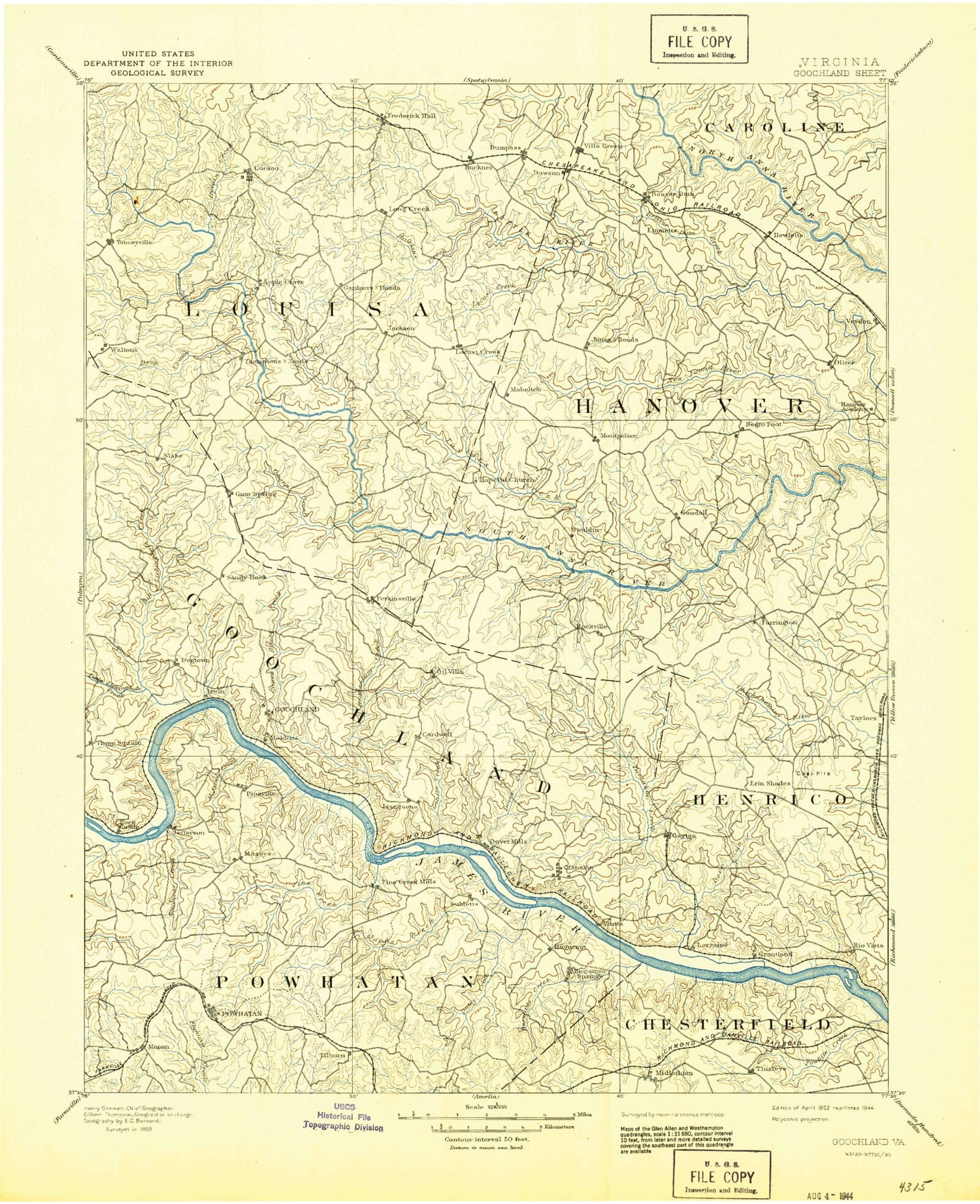 Historic 1892 Goochland Virginia 30'x30' Topo Map Image