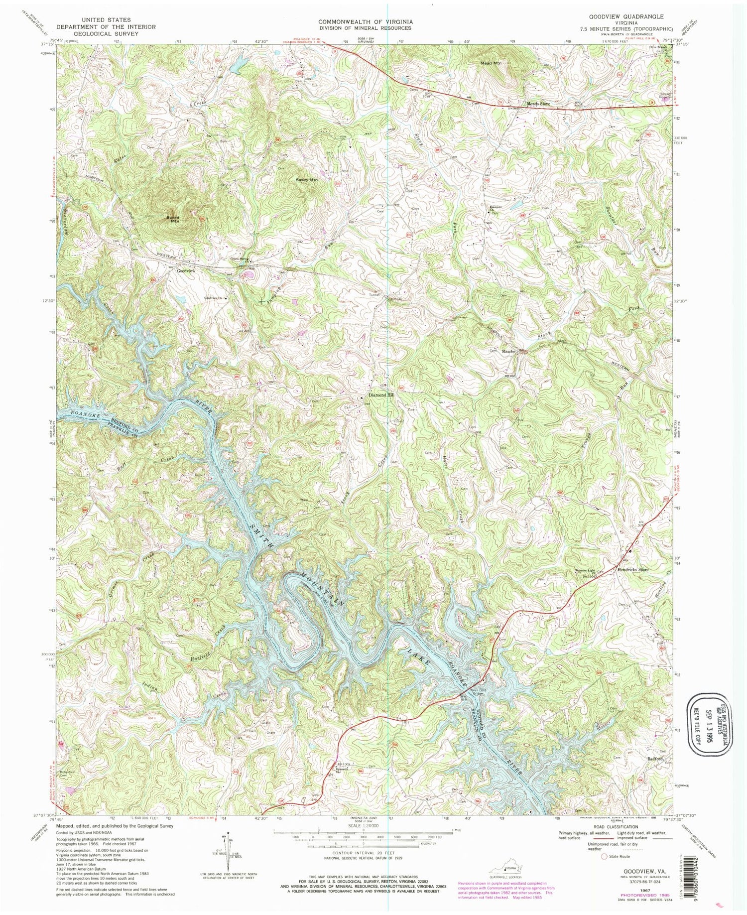 Classic USGS Goodview Virginia 7.5'x7.5' Topo Map Image