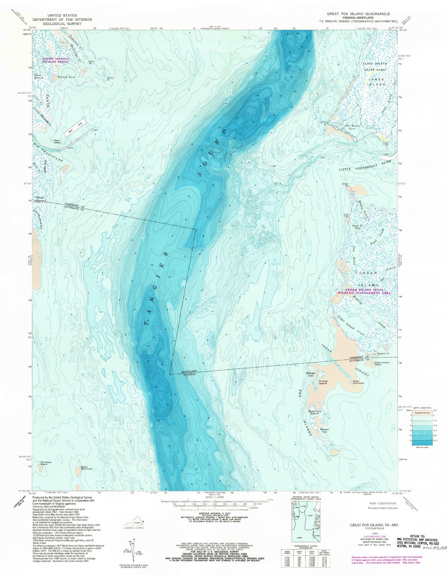 Classic USGS Great Fox Island Virginia 7.5'x7.5' Topo Map Image