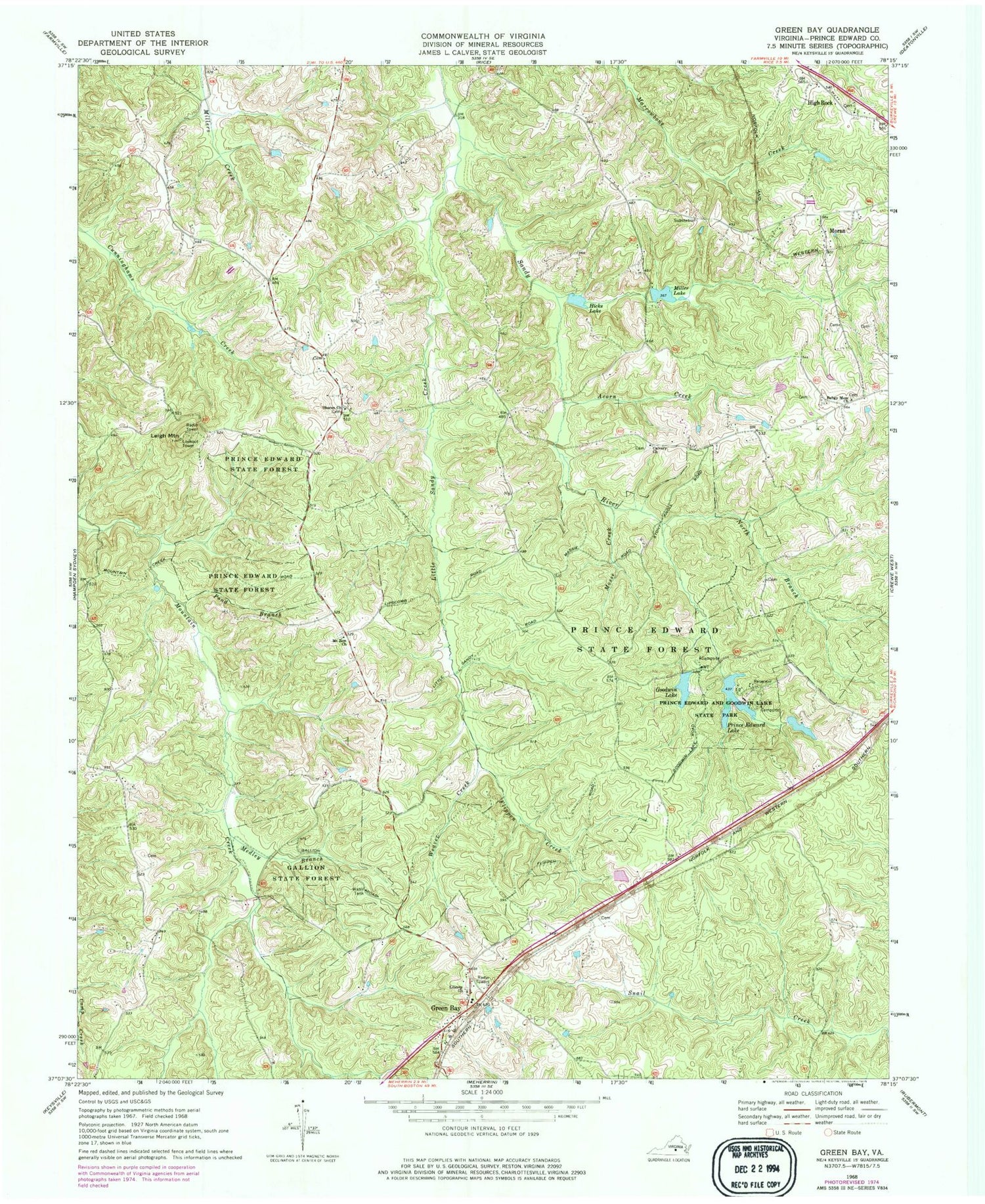 Classic USGS Green Bay Virginia 7.5'x7.5' Topo Map Image