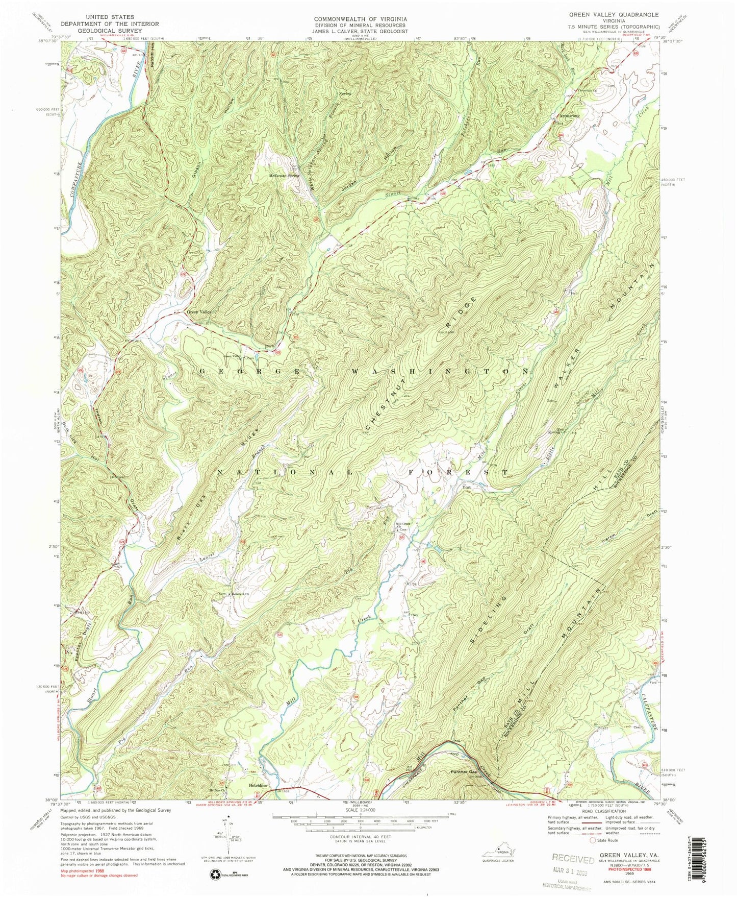 Classic USGS Green Valley Virginia 7.5'x7.5' Topo Map Image