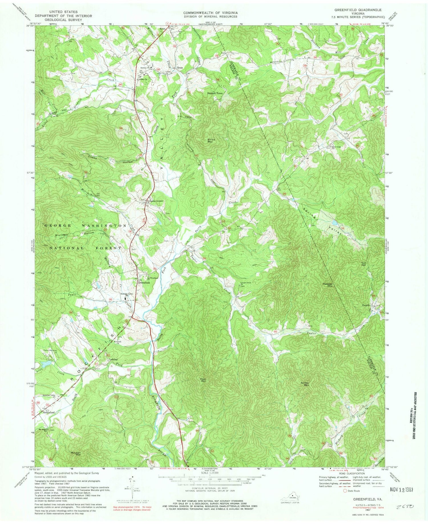 Classic USGS Greenfield Virginia 7.5'x7.5' Topo Map Image