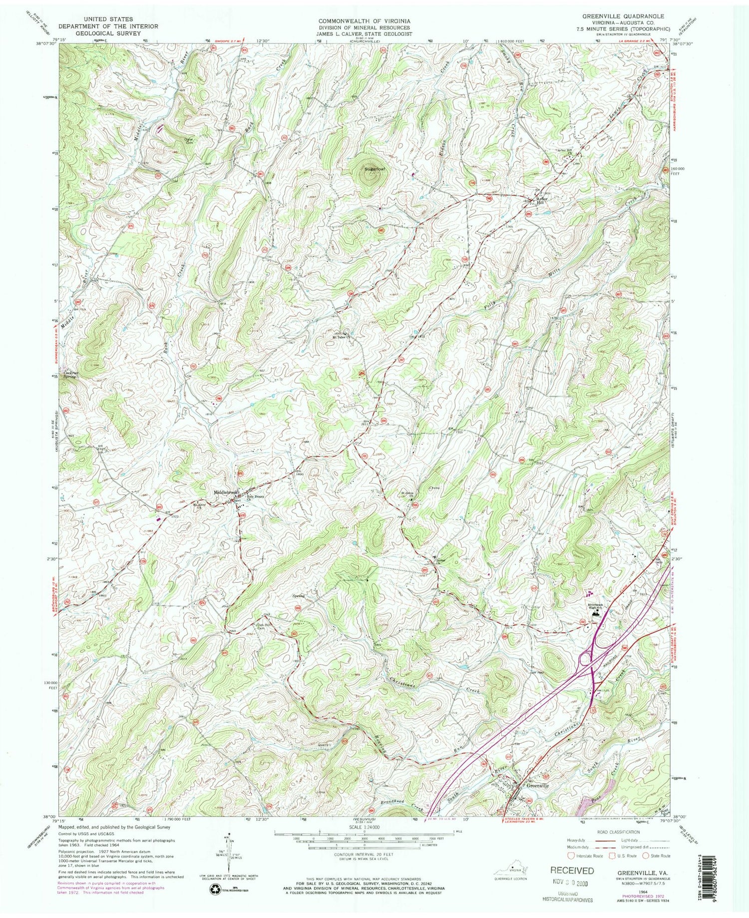 Classic USGS Greenville Virginia 7.5'x7.5' Topo Map Image