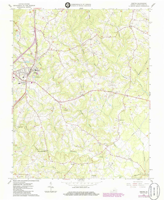 Classic USGS Gretna Virginia 7.5'x7.5' Topo Map Image