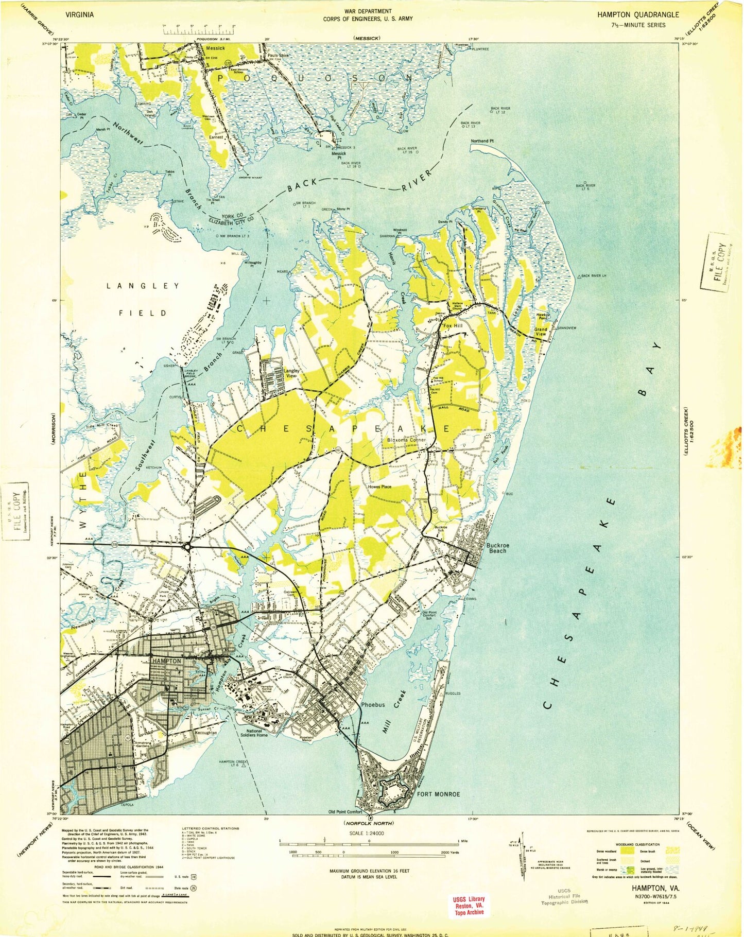 Classic USGS Hampton Virginia 7.5'x7.5' Topo Map Image