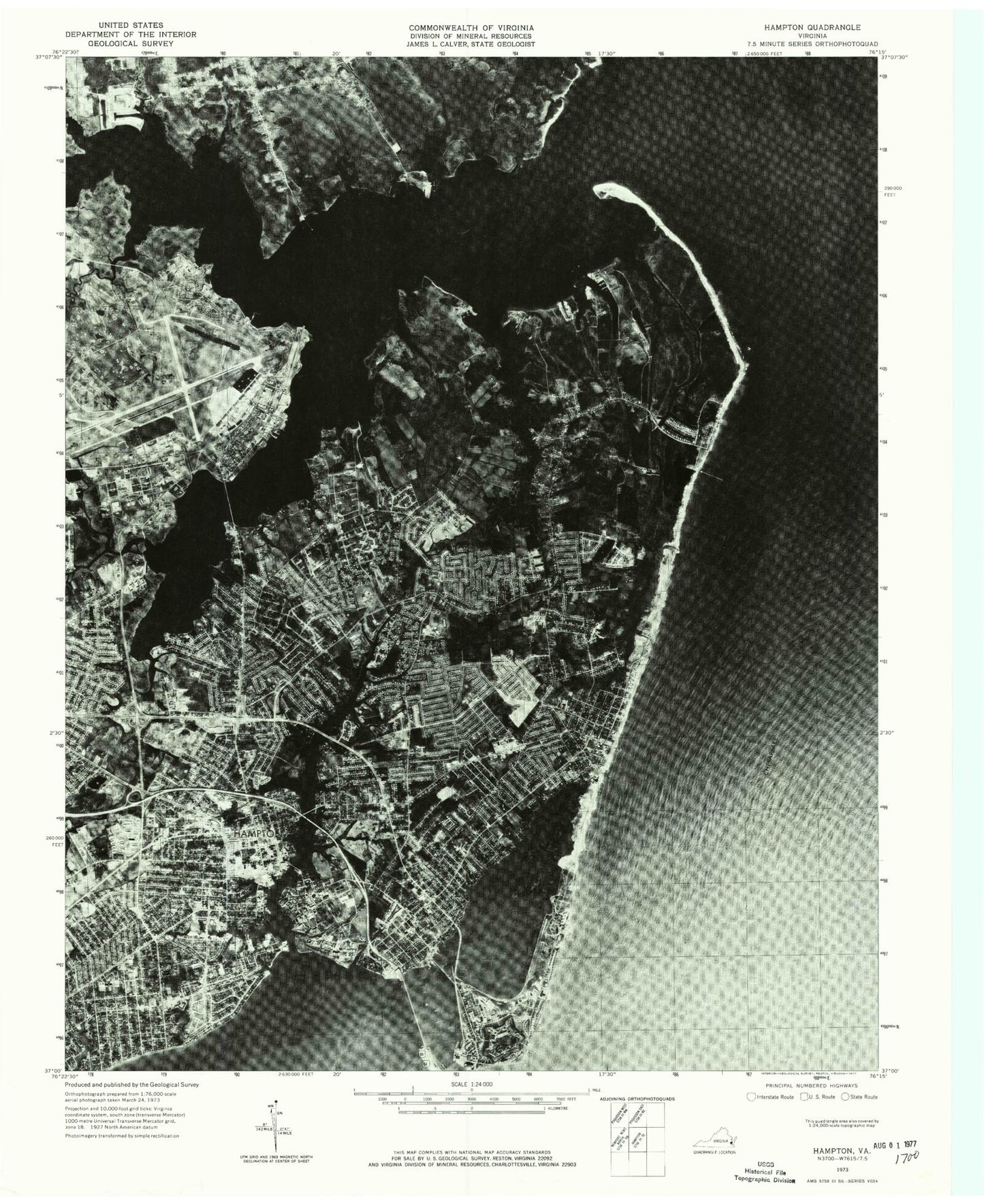 Classic USGS Hampton Virginia 7.5'x7.5' Topo Map Image