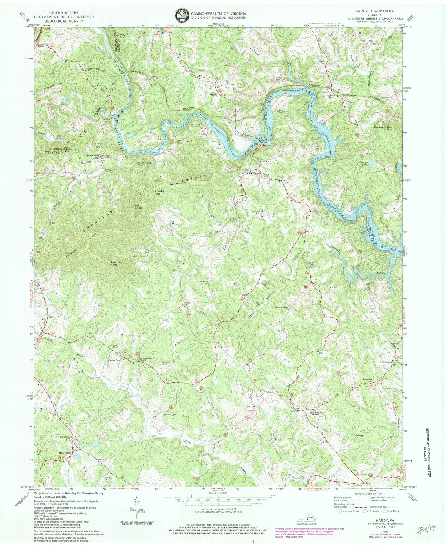 Classic USGS Hardy Virginia 7.5'x7.5' Topo Map Image