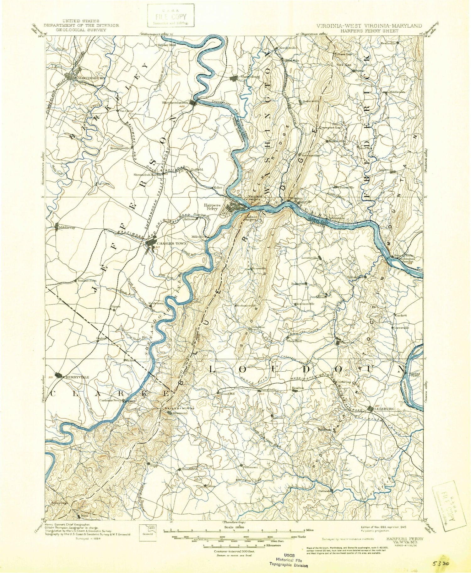 Historic 1893 Harpers Ferry Virginia 30'x30' Topo Map Image