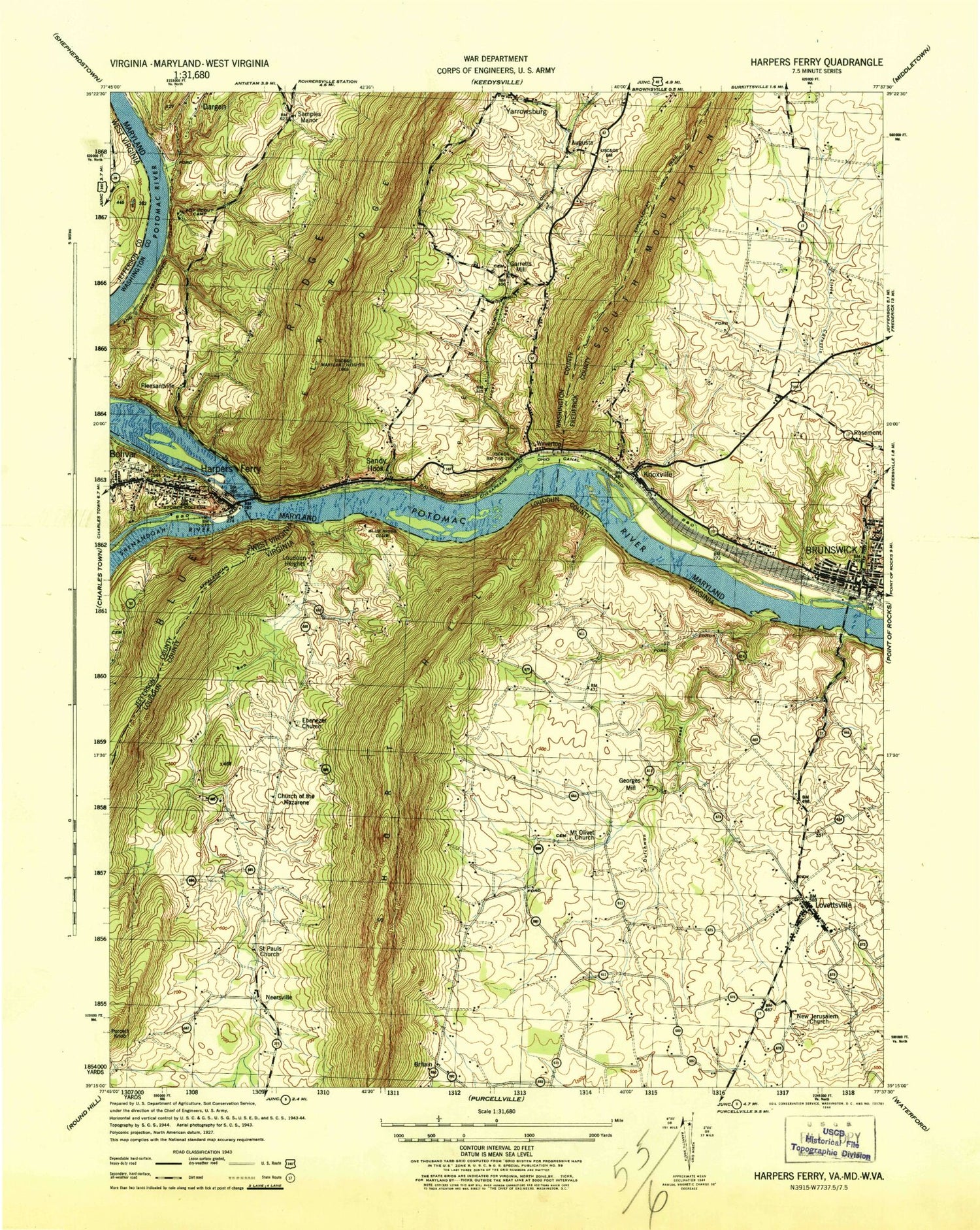 USGS Classic Harpers Ferry West Virginia 7.5'x7.5' Topo Map Image