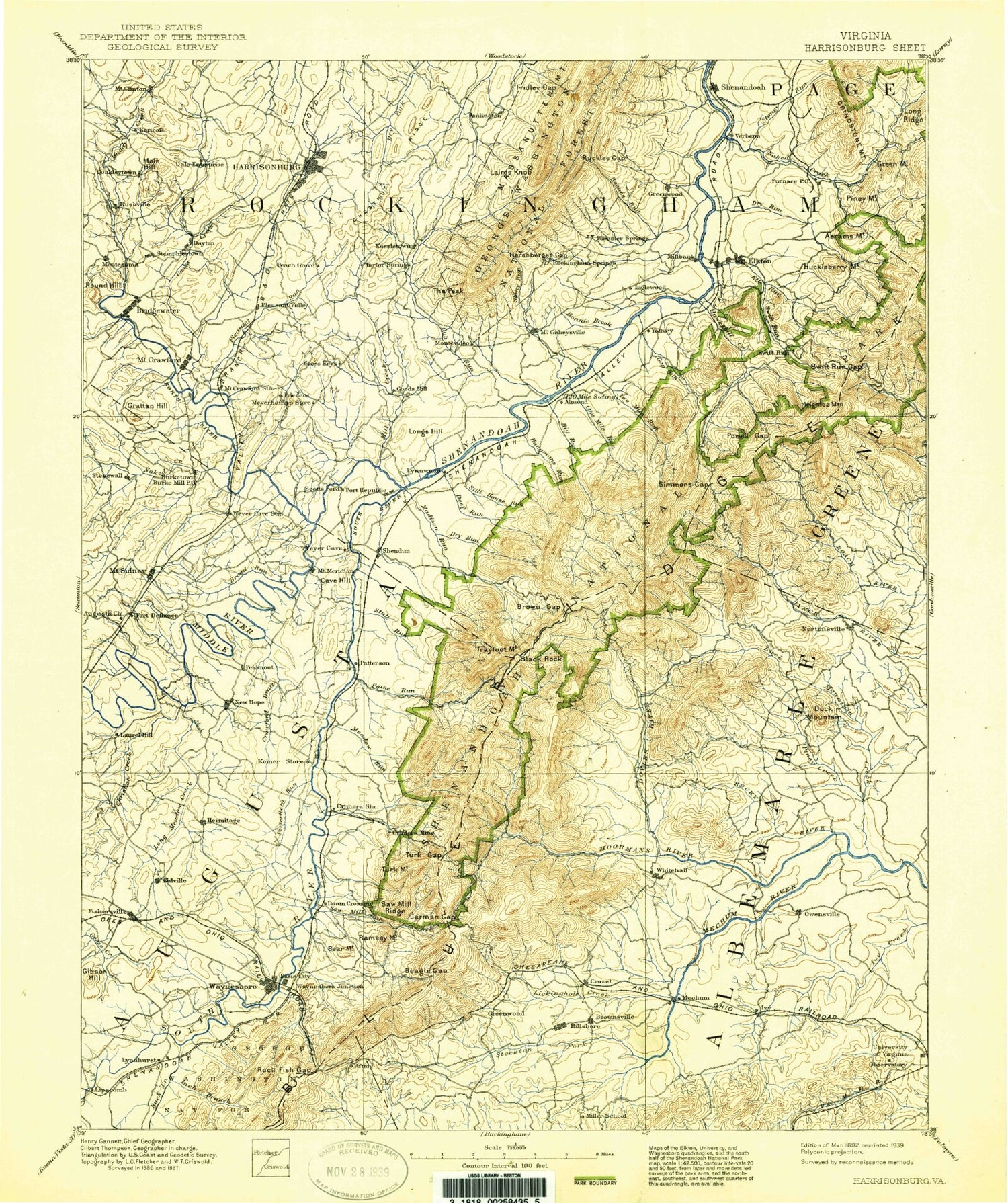 Historic 1892 Harrisonburg Virginia 30'x30' Topo Map Image