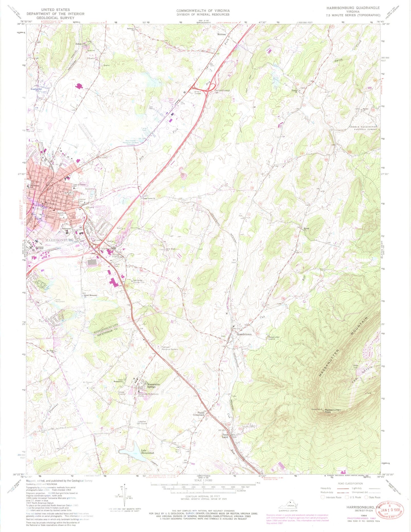 Classic USGS Harrisonburg Virginia 7.5'x7.5' Topo Map Image