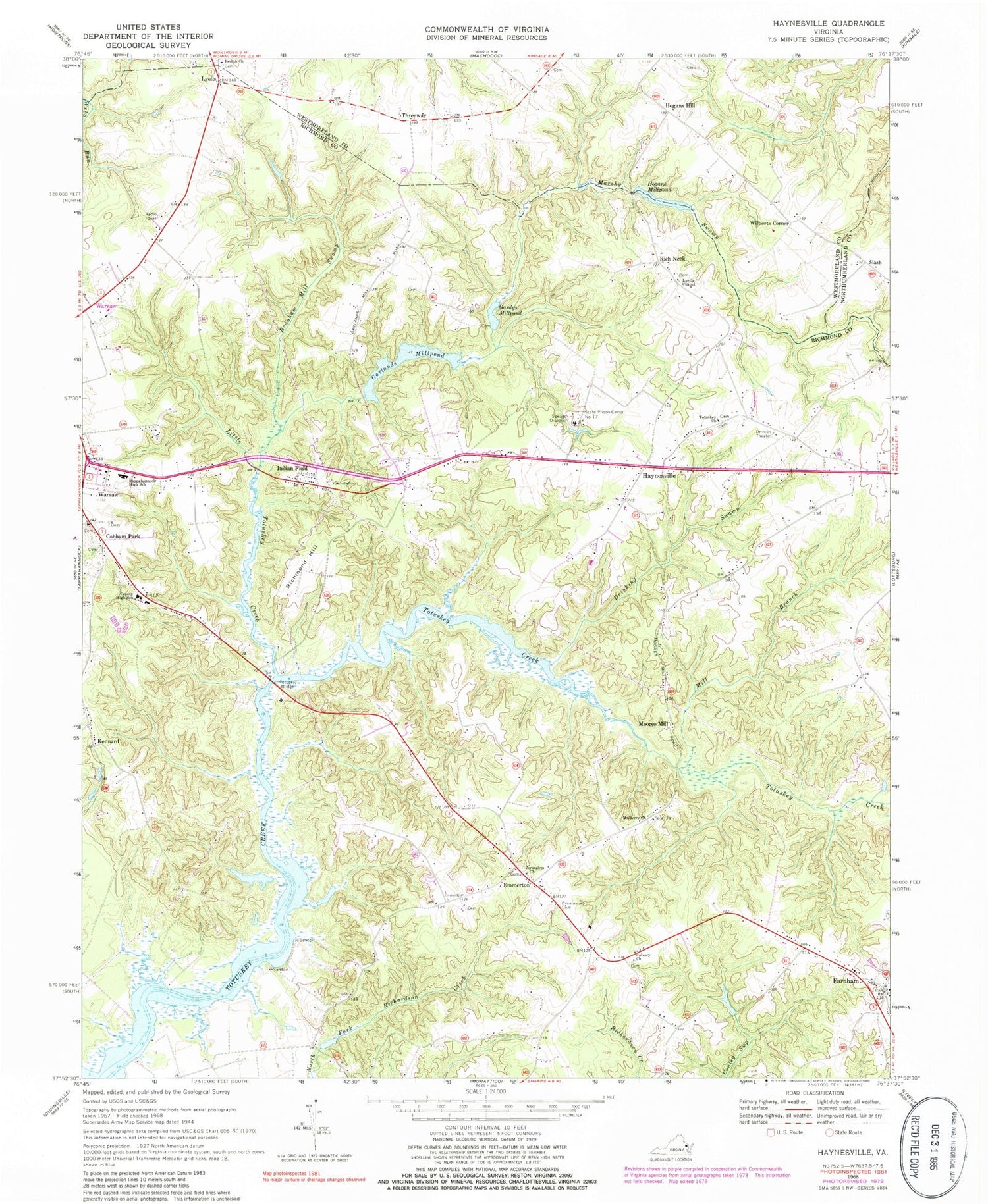 Classic USGS Haynesville Virginia 7.5'x7.5' Topo Map Image