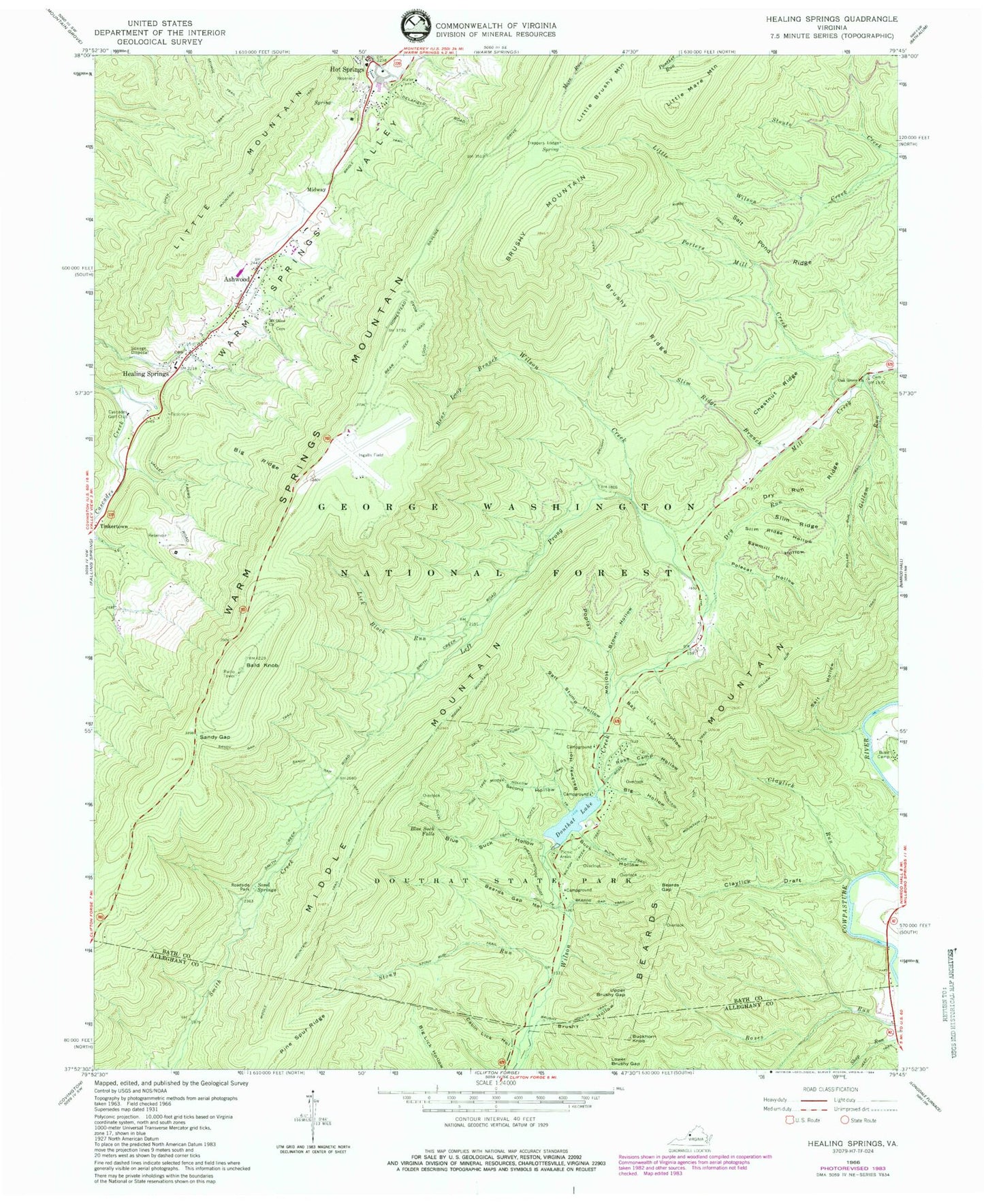 Classic USGS Healing Springs Virginia 7.5'x7.5' Topo Map Image