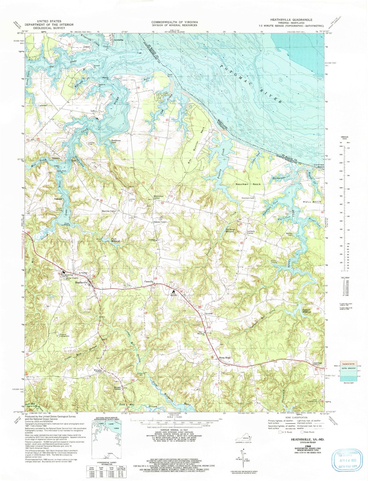 Classic USGS Heathsville Virginia 7.5'x7.5' Topo Map Image