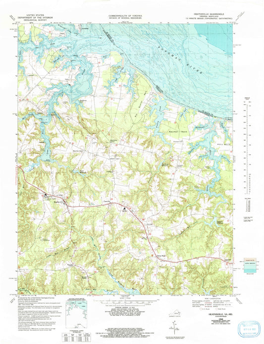 Classic USGS Heathsville Virginia 7.5'x7.5' Topo Map Image
