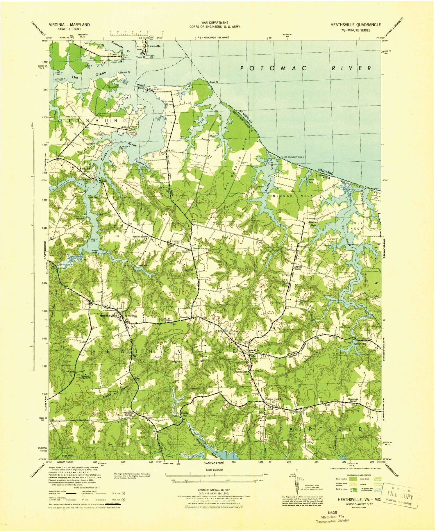 Classic USGS Heathsville Virginia 7.5'x7.5' Topo Map Image
