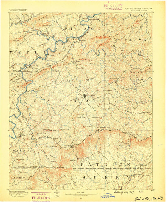 Historic 1889 Hillsville Virginia 30'x30' Topo Map Image