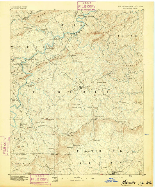 Historic 1892 Hillsville Virginia 30'x30' Topo Map Image
