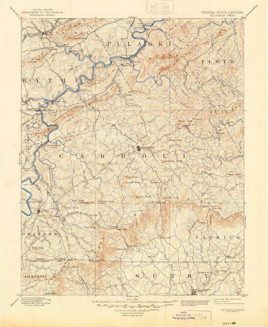 Historic 1896 Hillsville Virginia 30'x30' Topo Map Image