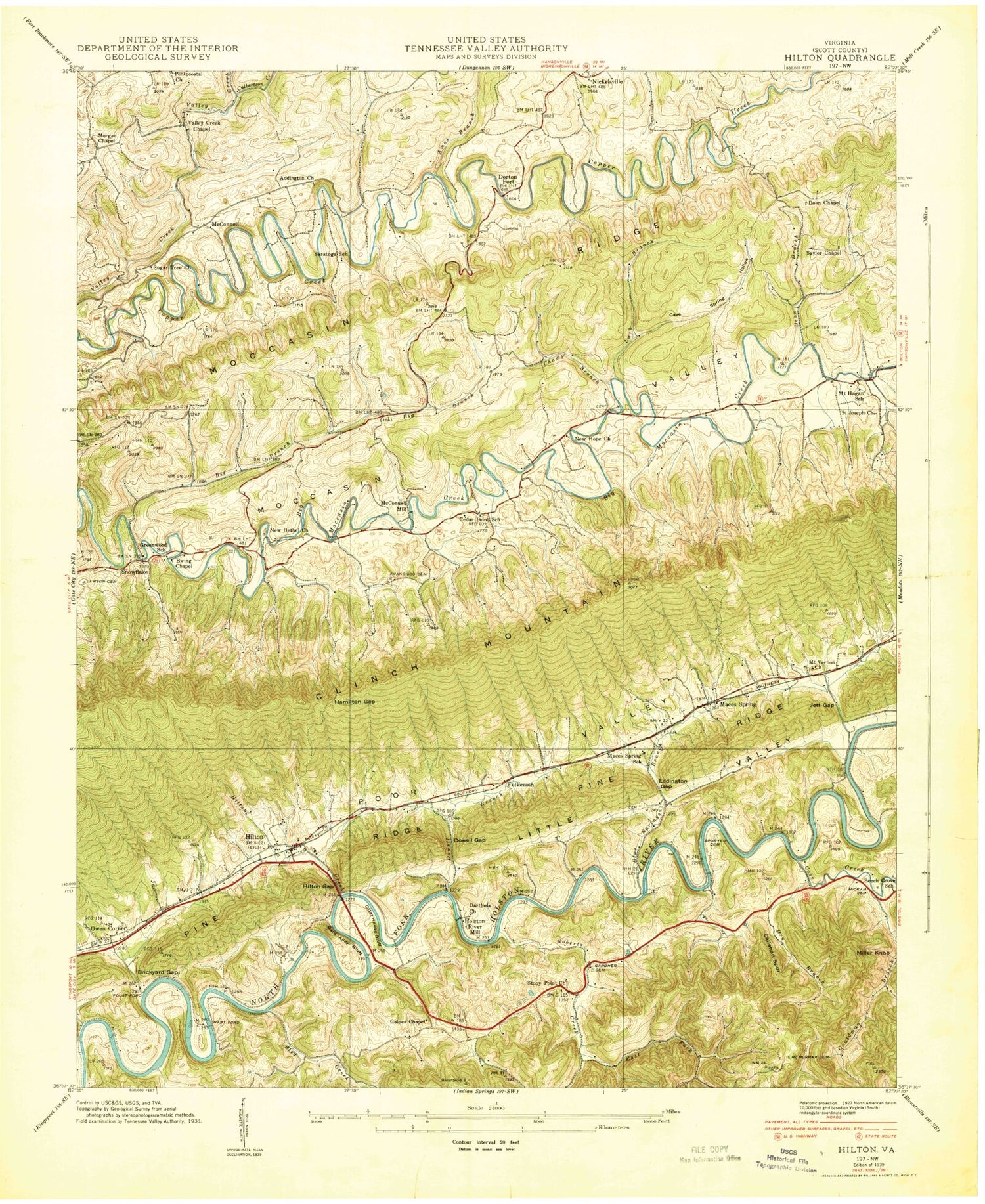 Classic USGS Hiltons Virginia 7.5'x7.5' Topo Map Image