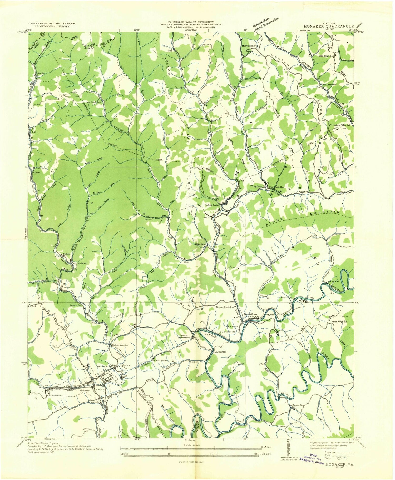 Classic USGS Honaker Virginia 7.5'x7.5' Topo Map Image