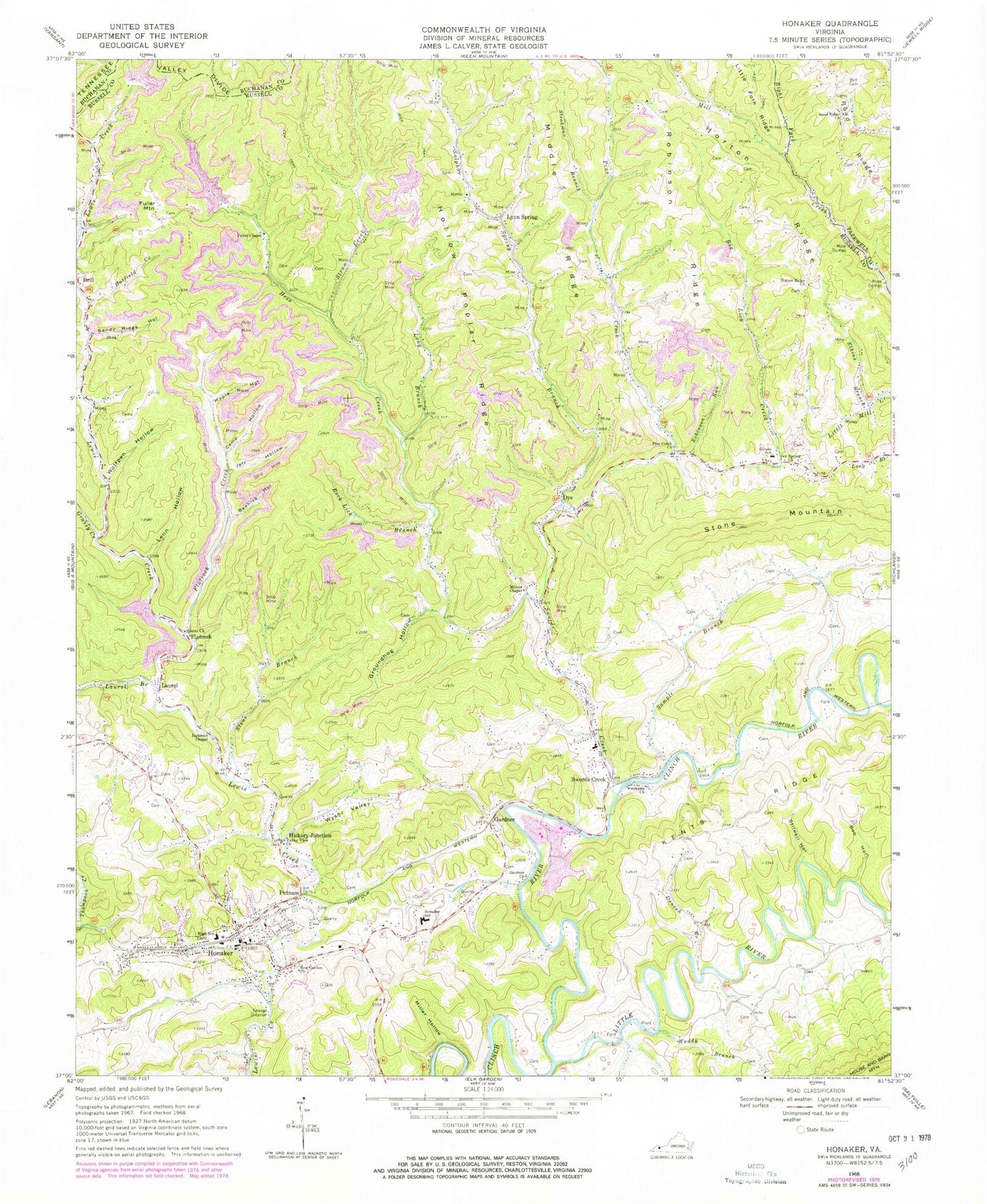 Classic USGS Honaker Virginia 7.5'x7.5' Topo Map Image