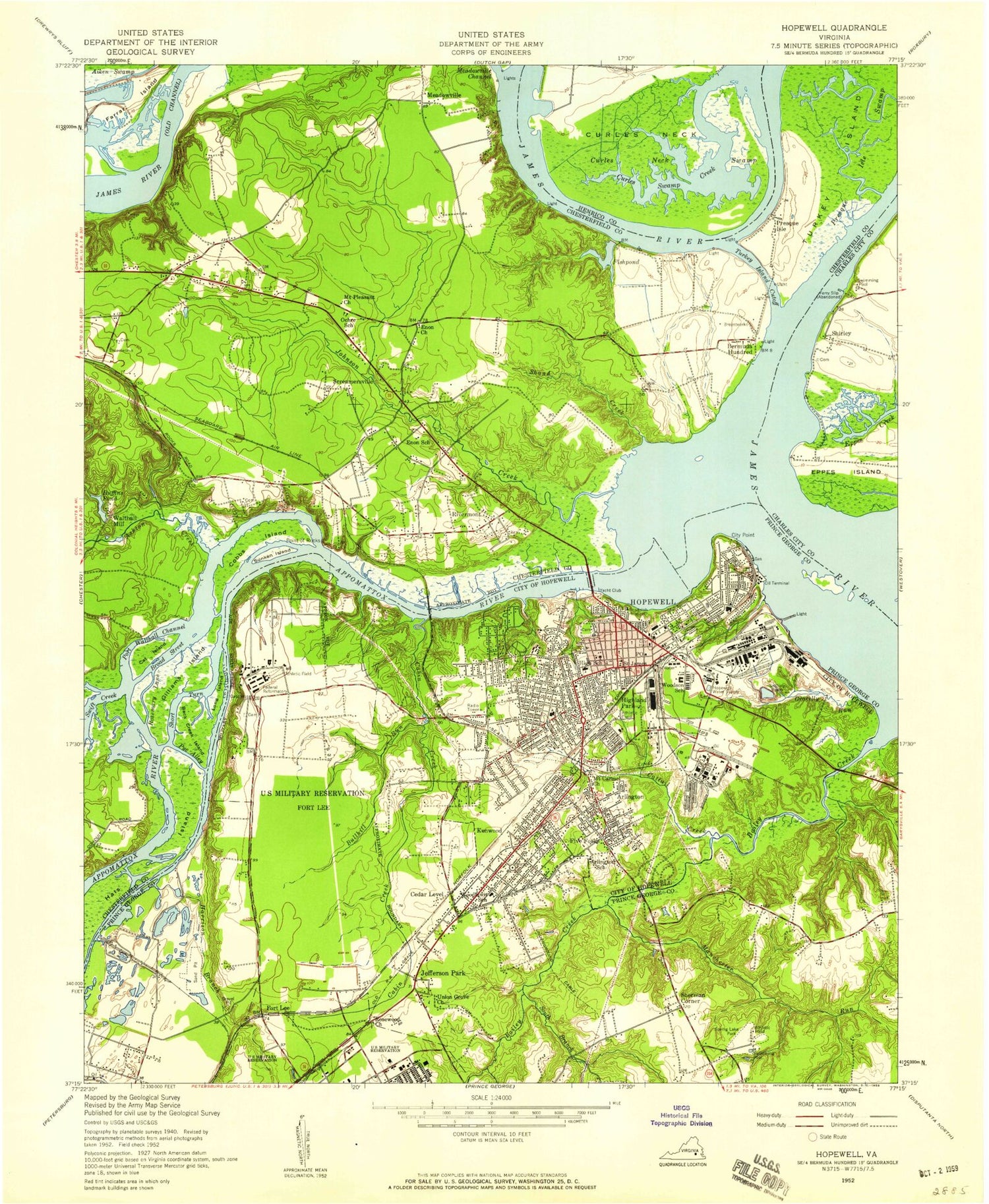 Classic USGS Hopewell Virginia 7.5'x7.5' Topo Map Image
