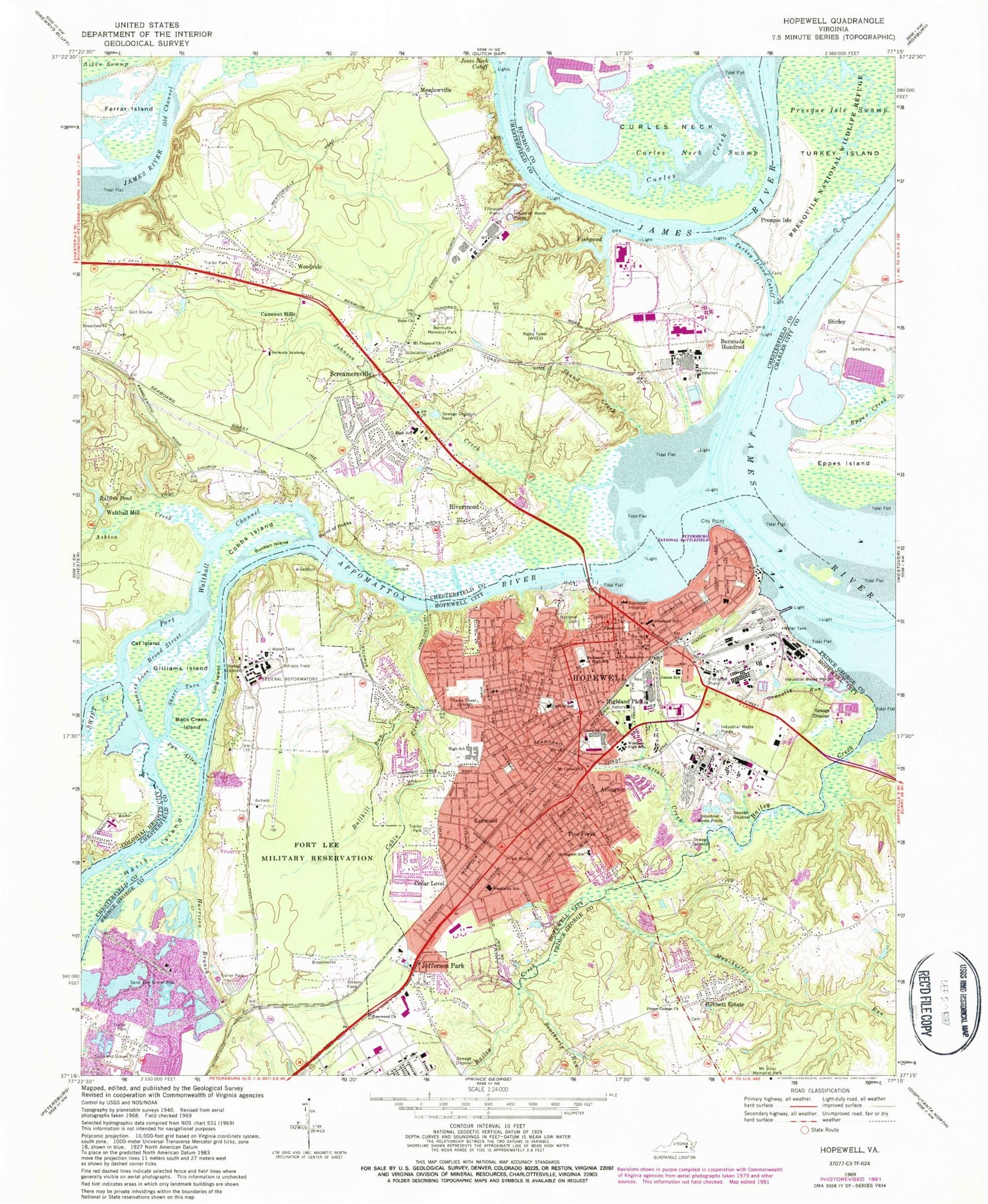 Classic USGS Hopewell Virginia 7.5'x7.5' Topo Map Image