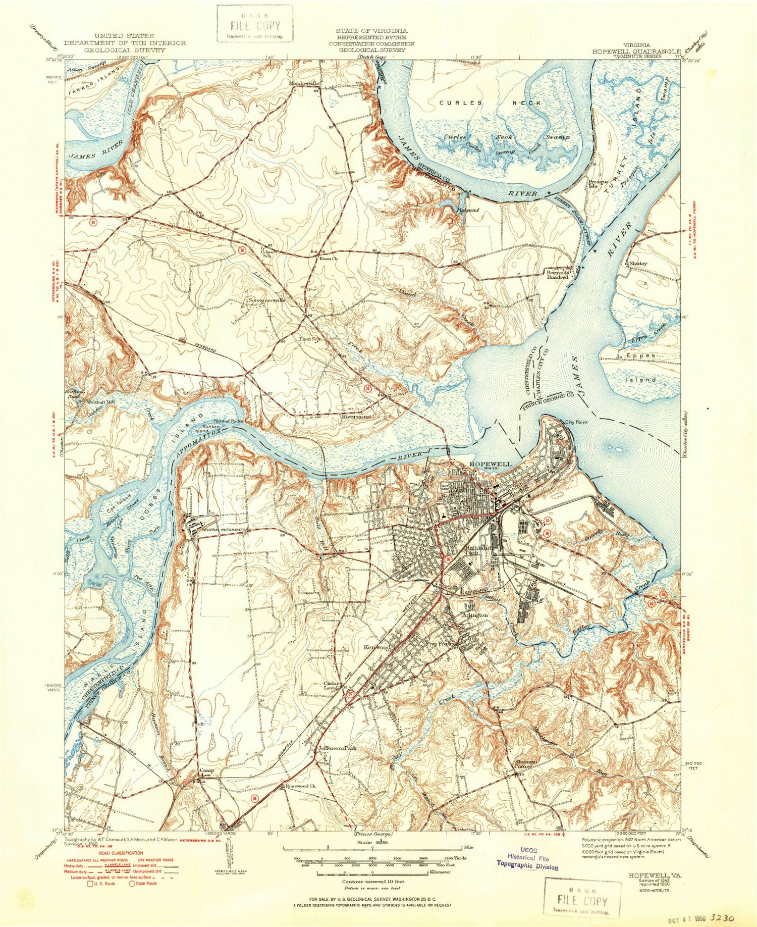 Classic USGS Hopewell Virginia 7.5'x7.5' Topo Map Image