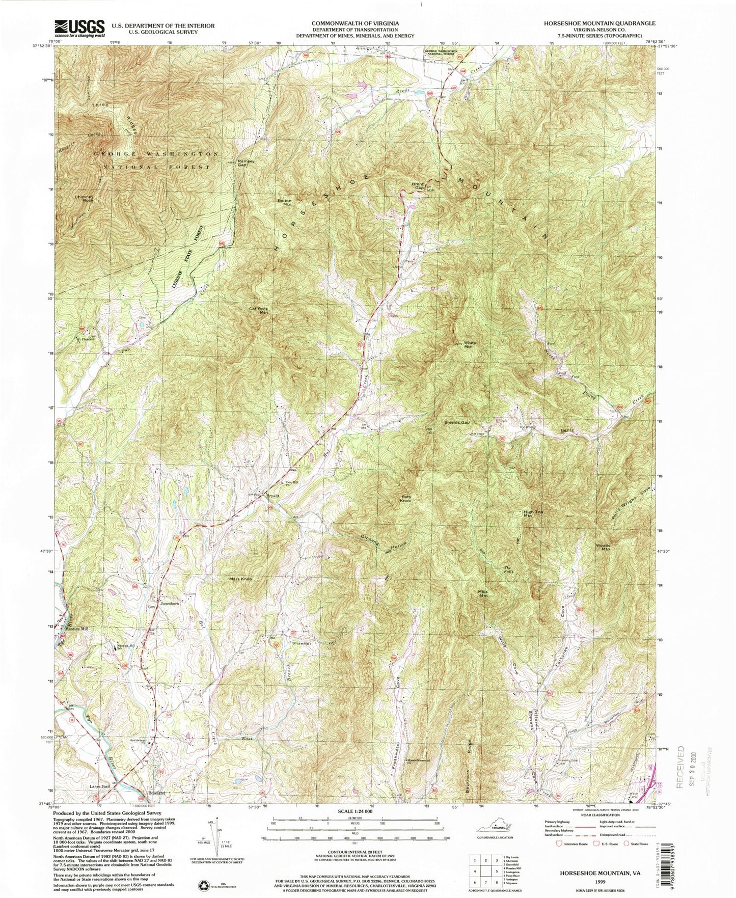 Classic USGS Horseshoe Mountain Virginia 7.5'x7.5' Topo Map Image