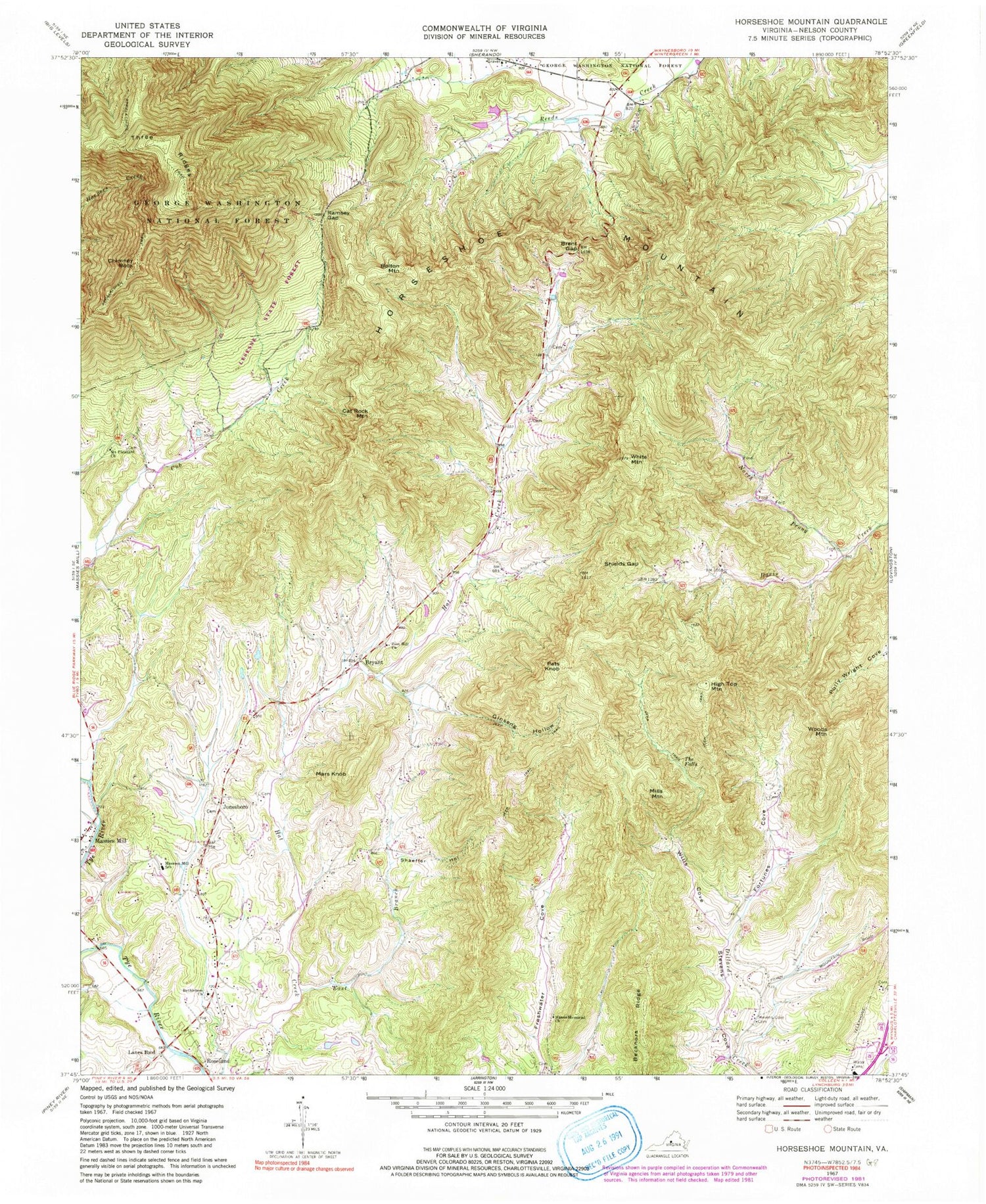 Classic USGS Horseshoe Mountain Virginia 7.5'x7.5' Topo Map Image