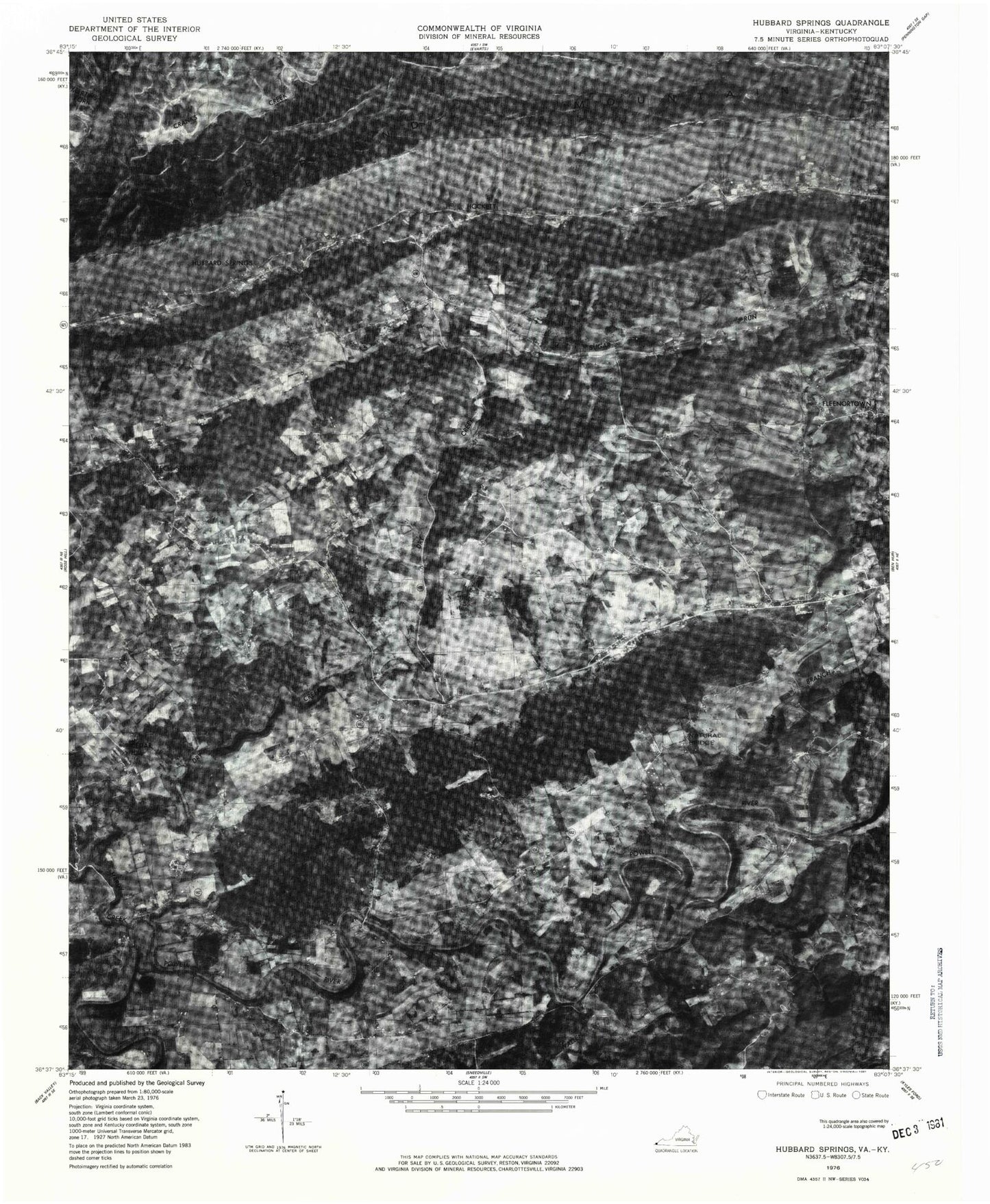 Classic USGS Hubbard Springs Virginia 7.5'x7.5' Topo Map Image