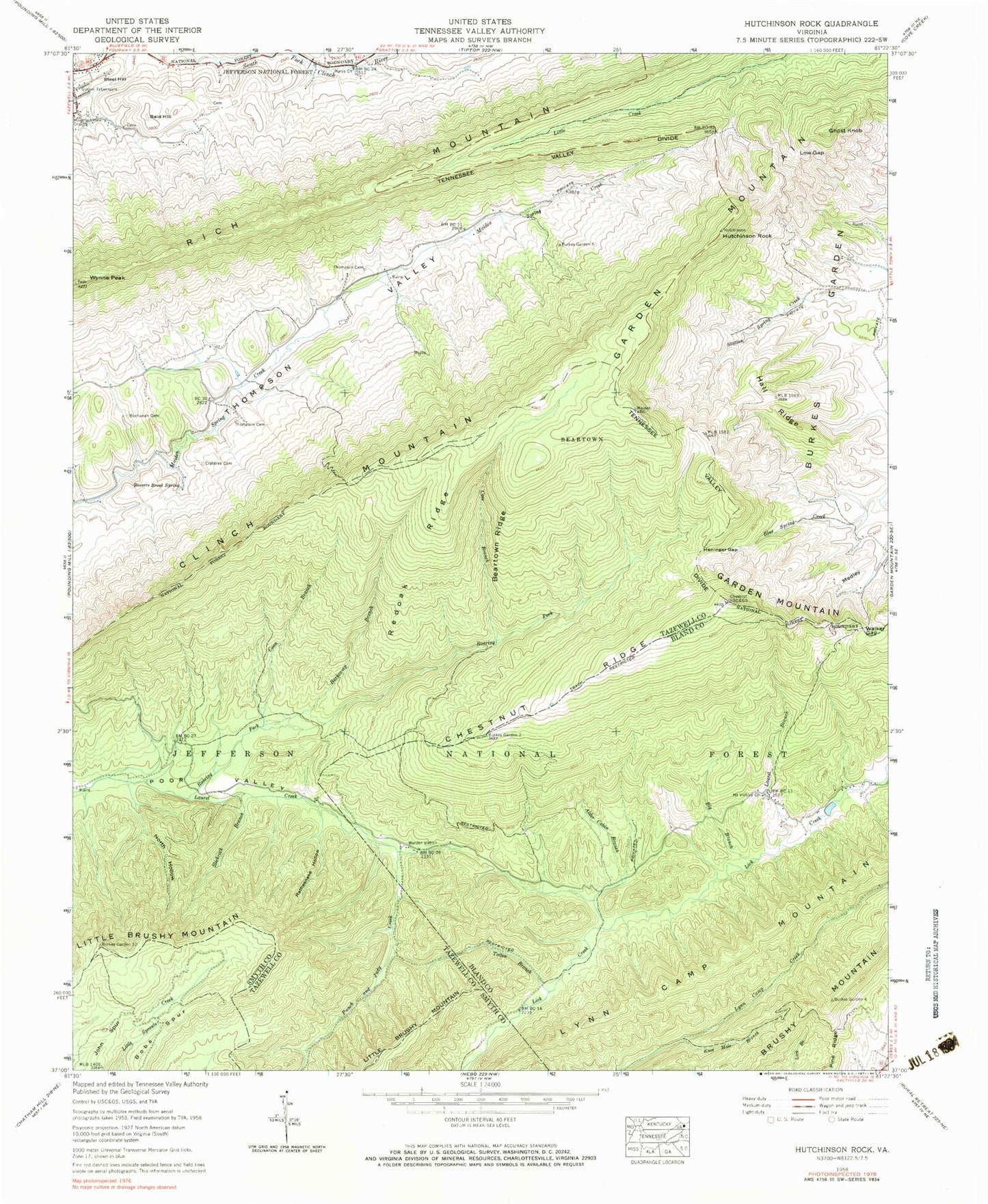 Classic USGS Hutchinson Rock Virginia 7.5'x7.5' Topo Map Image