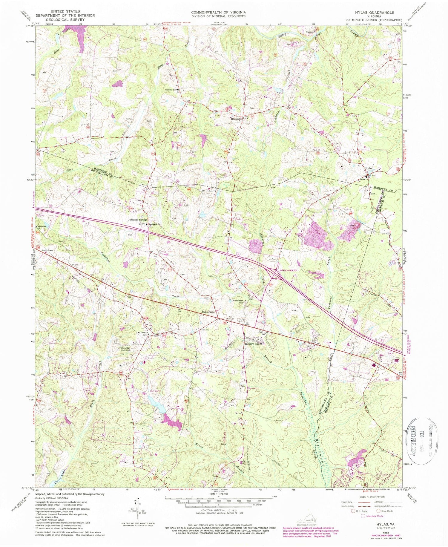 Classic USGS Hylas Virginia 7.5'x7.5' Topo Map Image