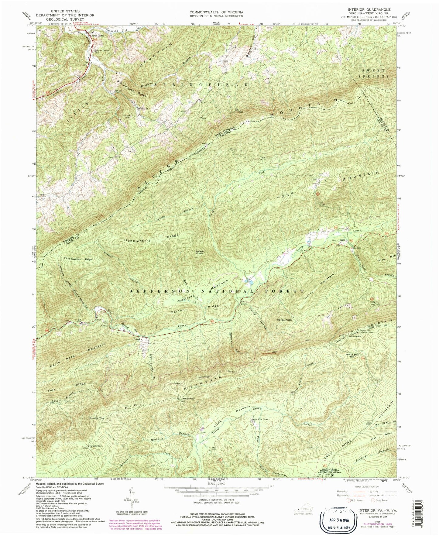 Classic USGS Interior Virginia 7.5'x7.5' Topo Map Image