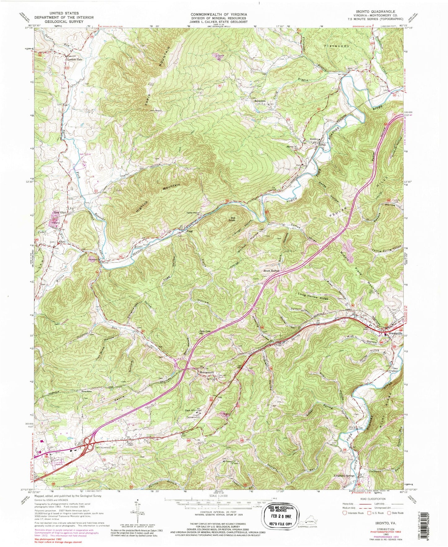 Classic USGS Ironto Virginia 7.5'x7.5' Topo Map Image
