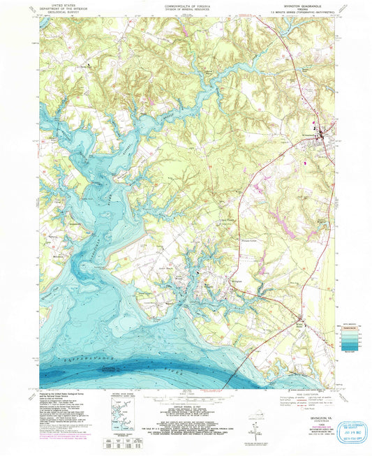 Classic USGS Irvington Virginia 7.5'x7.5' Topo Map Image