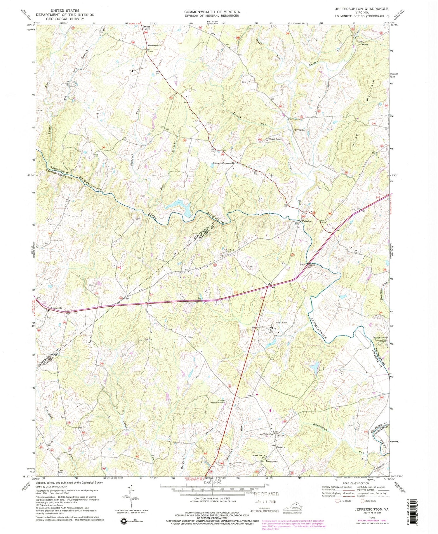 Classic USGS Jeffersonton Virginia 7.5'x7.5' Topo Map Image