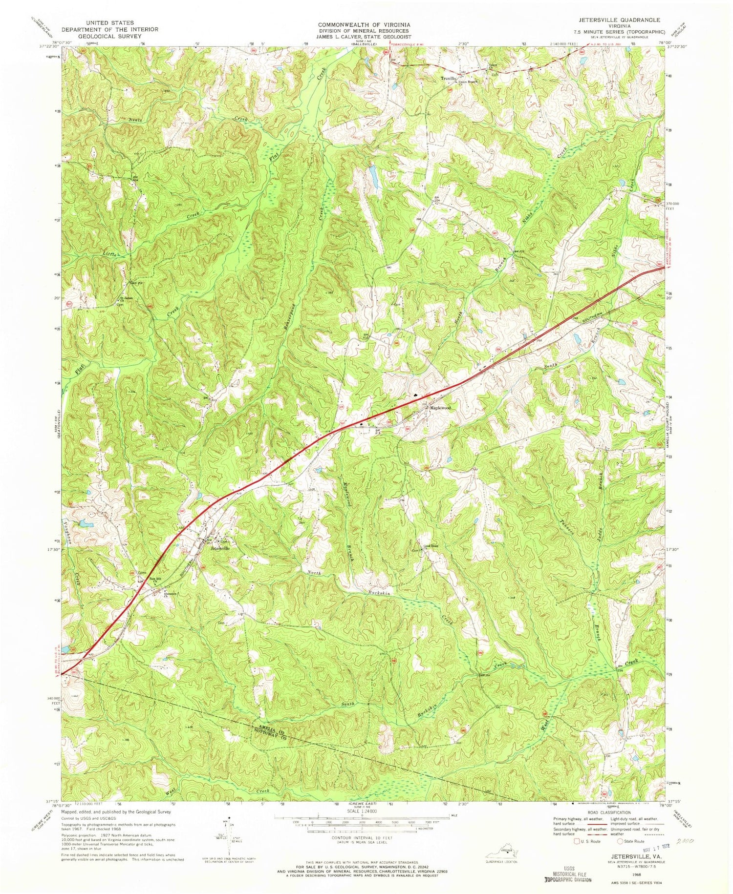 Classic USGS Jetersville Virginia 7.5'x7.5' Topo Map Image