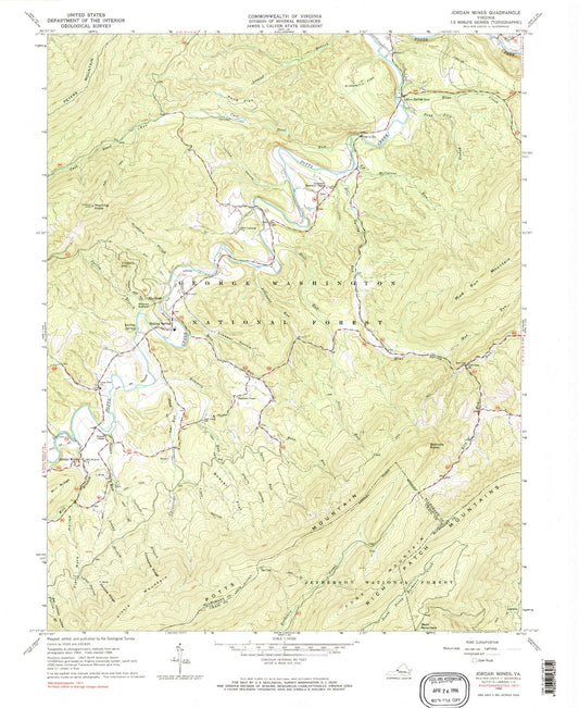 Classic USGS Jordan Mines Virginia 7.5'x7.5' Topo Map Image