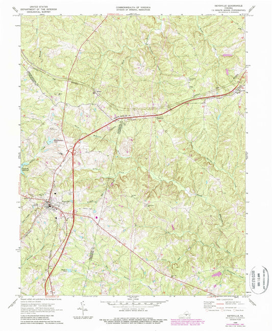 Classic USGS Keysville Virginia 7.5'x7.5' Topo Map Image