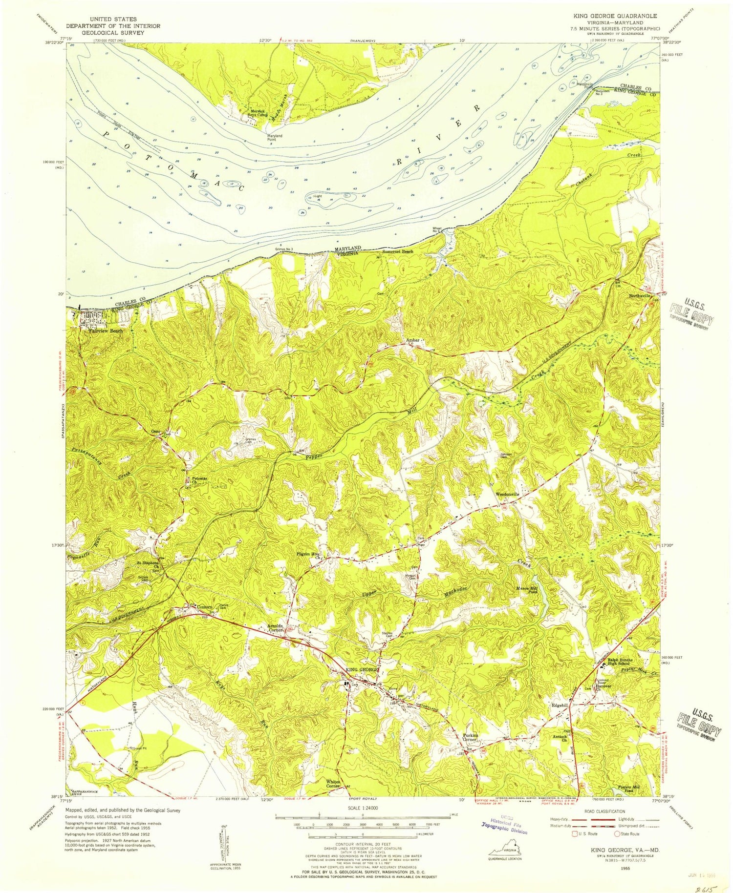 Classic USGS King George Virginia 7.5'x7.5' Topo Map Image