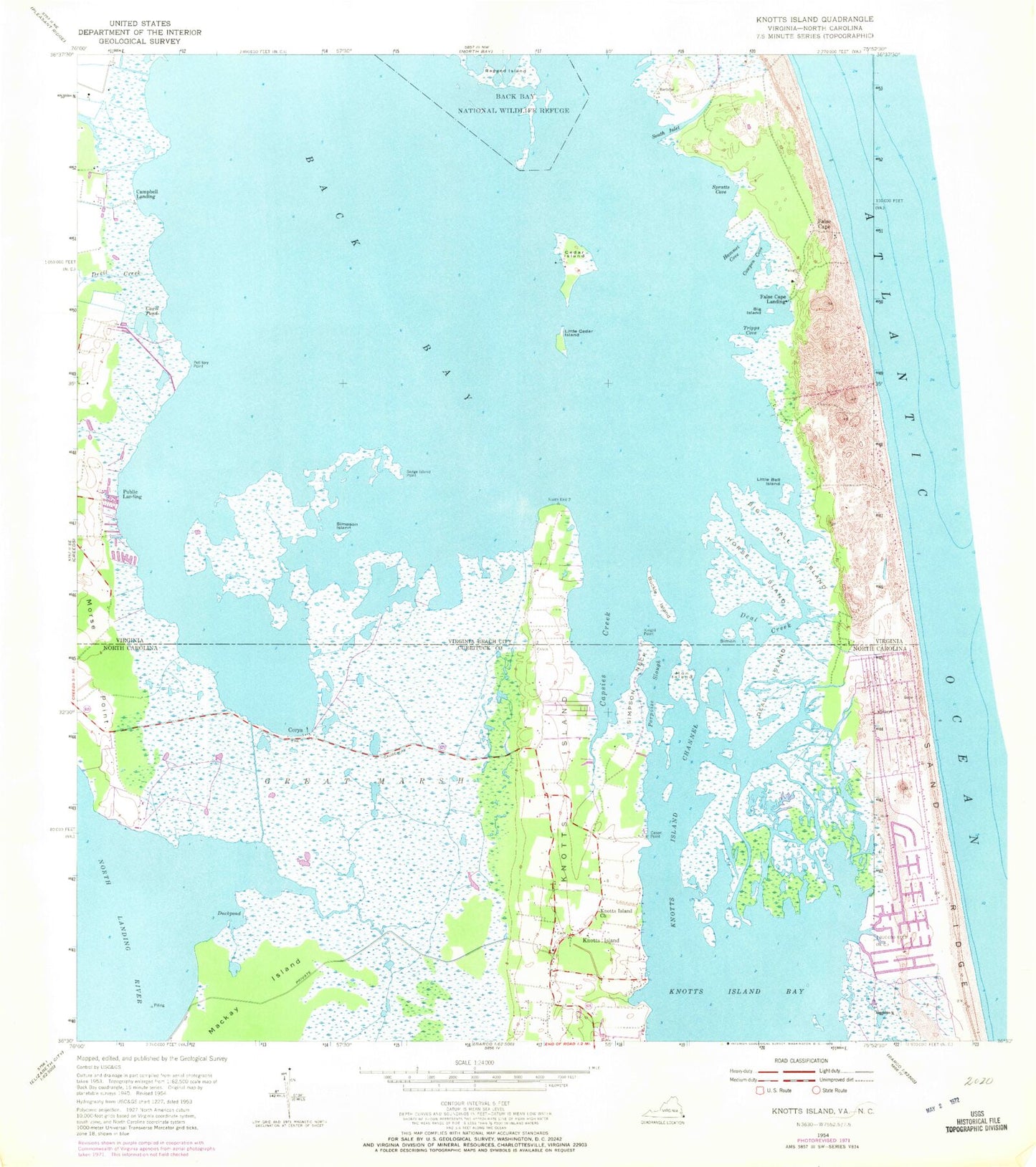 Classic USGS Knotts Island North Carolina 7.5'x7.5' Topo Map Image