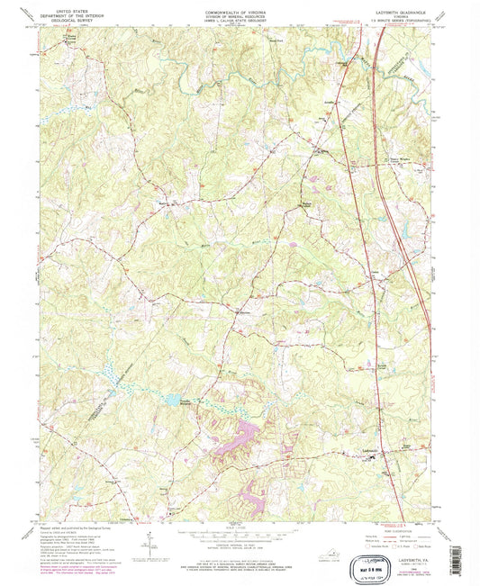 Classic USGS Ladysmith Virginia 7.5'x7.5' Topo Map Image