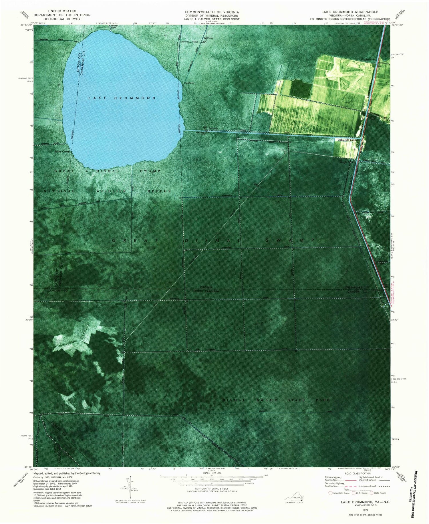 Classic USGS Lake Drummond Virginia 7.5'x7.5' Topo Map Image
