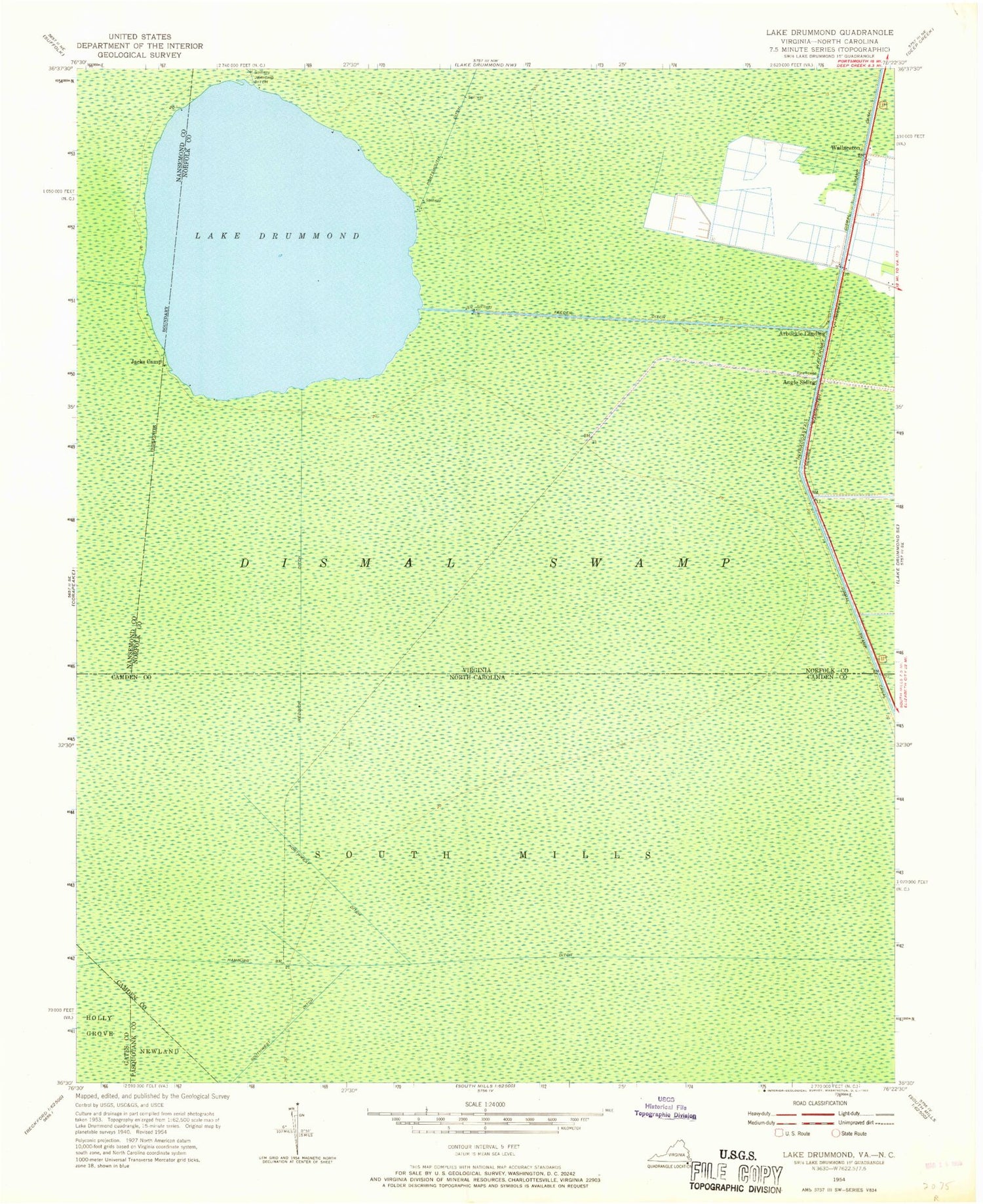 Classic USGS Lake Drummond Virginia 7.5'x7.5' Topo Map Image
